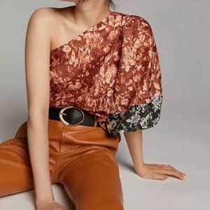 Sachin & Babi Anthropologie Leina One Shoulder Floral Eyelet Orange Blouse L